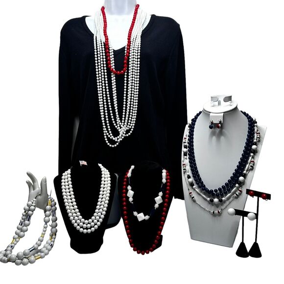 Vtg Patriotic Red White Blue Jewelry Lot Collection Plastic Enamel Lucite Bead - Picture 2 of 16